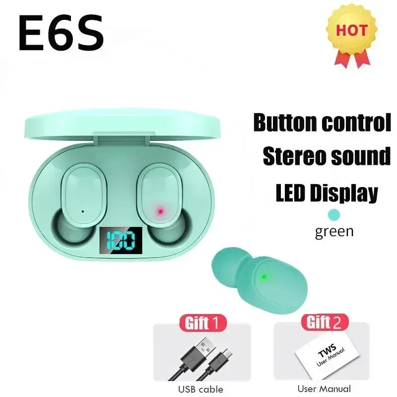 TWS E6S Wireless Bluetooth Earphones By Mic LED Display Stereo Noise Cancelling Headset With Charging Cable For All Smartphone