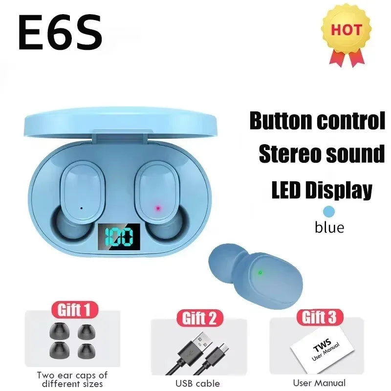 TWS E6S Wireless Bluetooth Earphones By Mic LED Display Stereo Noise Cancelling Headset With Charging Cable For All Smartphone