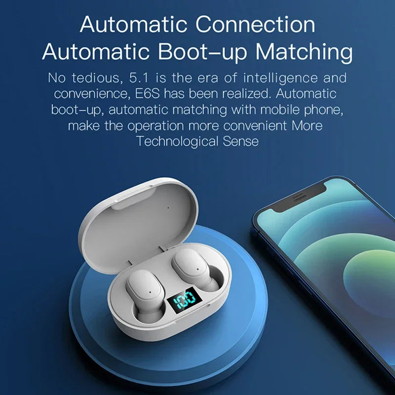 TWS E6S Wireless Bluetooth Earphones By Mic LED Display Stereo Noise Cancelling Headset With Charging Cable For All Smartphone