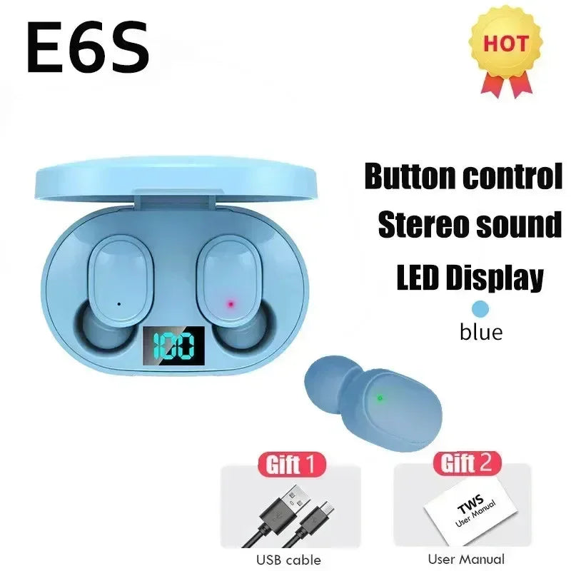 TWS E6S Wireless Bluetooth Earphones By Mic LED Display Stereo Noise Cancelling Headset With Charging Cable For All Smartphone
