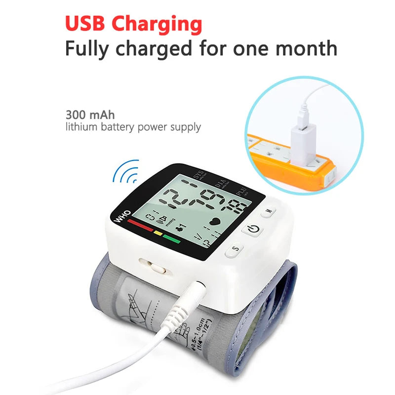 Rechargeable Digital Wrist Blood Pressure Monitor – LCD Display & Memory